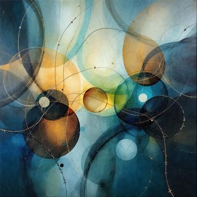 The primary subject of the image is a painting featuring a variety of circles and orbs. The setting is a blue background, and the visual style appears to be a combination of digital art and illustration. The dominant colors in the painting are blue and orange, creating a vibrant and lively atmosphere.